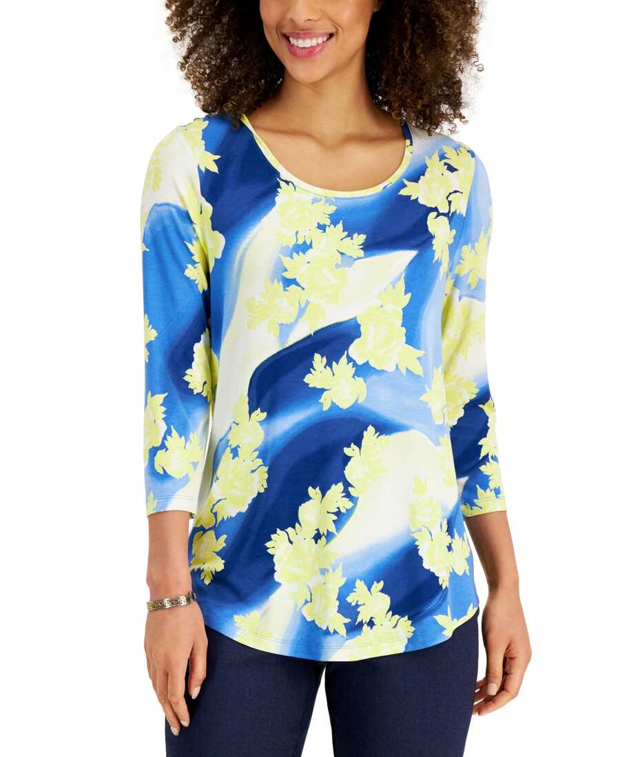 JM Collection Womens Printed 3/4-Sleeve Top - Peony - View 1