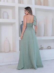 Victoria Long Luxury Dress Plain Duna Linen With Bow One Shoulder - Mint Green - View 3
