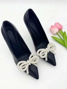 2pcs Set Fashionable Faux Pearl Crystal Bow Design Detachable Shoe Buckles, Suitable For Ladies' High Heels Wedding Shoes Decor, Luxury Gift