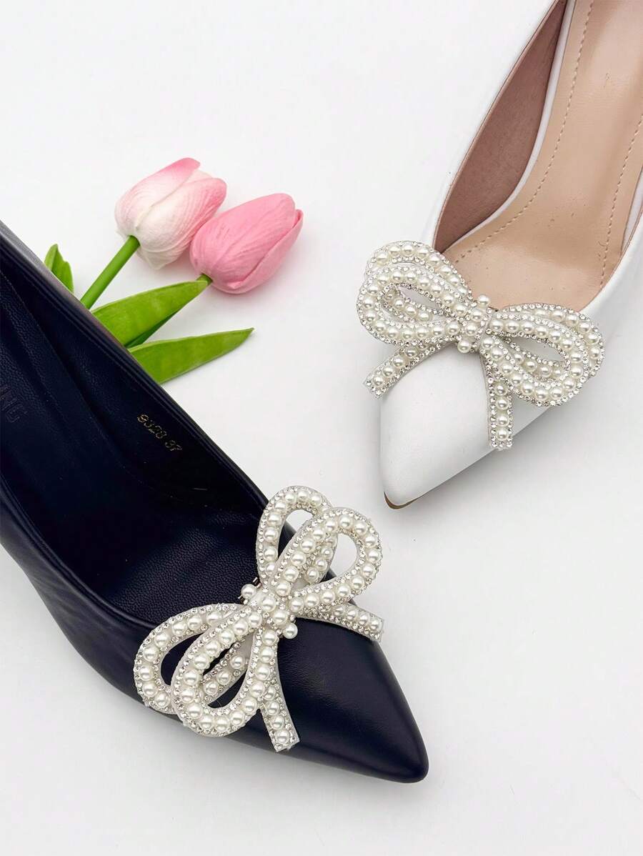 2pcs Set Fashionable Faux Pearl Crystal Bow Design Detachable Shoe Buckles, Suitable For Ladies' High Heels Wedding Shoes Decor, Luxury Gift