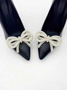 2pcs Set Fashionable Faux Pearl Crystal Bow Design Detachable Shoe Buckles, Suitable For Ladies' High Heels Wedding Shoes Decor, Luxury Gift