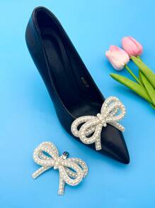 2pcs Set Fashionable Faux Pearl Crystal Bow Design Detachable Shoe Buckles, Suitable For Ladies' High Heels Wedding Shoes Decor, Luxury Gift