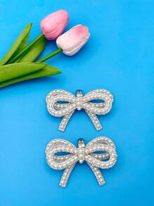 2pcs Set Fashionable Faux Pearl Crystal Bow Design Detachable Shoe Buckles, Suitable For Ladies' High Heels Wedding Shoes Decor, Luxury Gift