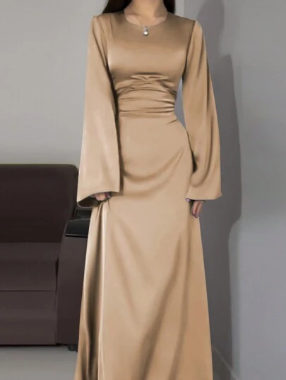 Vestido largo casual de cuello redondo de manga larga de unicolor, modesto, para mujeres