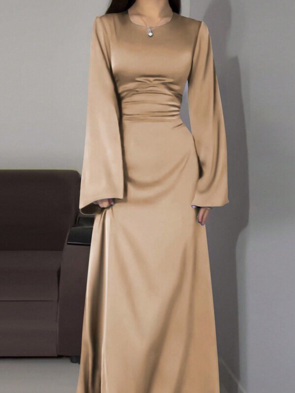 Women Solid Color Crew Neck Long Sleeve Casual Long Dress, Modest