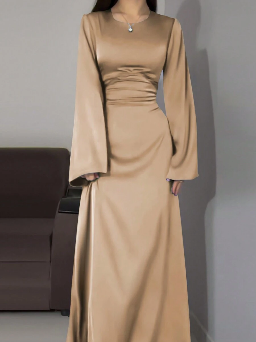 端庄长款梭织连衣裙，圆领春季款 - 香檳色 - 查看 1