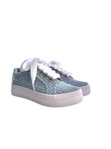 Tenis de mezclilla rasgado casuales para dama con agujeta de listón, cómodos y versátiles  calzado azul casual para mujer con cordones grandes, planos, antideslizantes - Azul - Ver 3