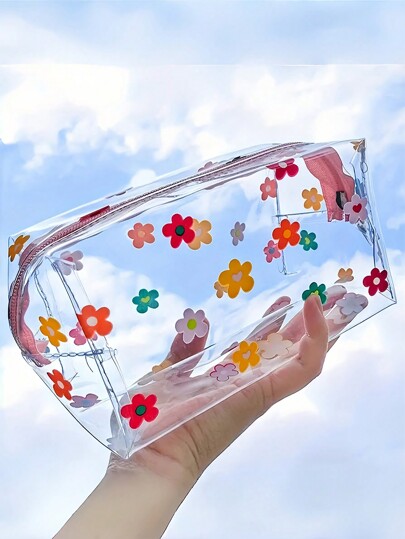 Estojo transparente de PVC para lápis, bolsa multifuncional de grande capacidade, design floral colorido, bolsa portátil com zíper para armazenamento de maquiagem, artigos de papelaria e acessórios, bolsa para lápis, mochila escolar