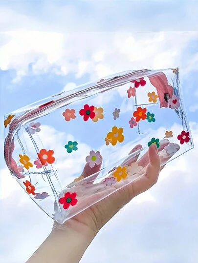 1 pieza Estuche de lápices de PVC transparente, bolsa de gran capacidad de uso múltiple, diseño floral colorido, bolsa de almacenamiento con cremallera portátil para maquillaje, artículos de papelería y accesorios, estuche de lápices, bolsa escolar