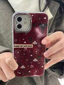 勃艮第花心烟花设计手机保护壳，适用于 iPhone 16 Pro Max、iPhone 15 Pro、iPhone 14 Plus、iPhone 13、iPhone 12、iPhone 11、新年版，硅胶闪光全身保护套 - 酒紅色 - 查看 5