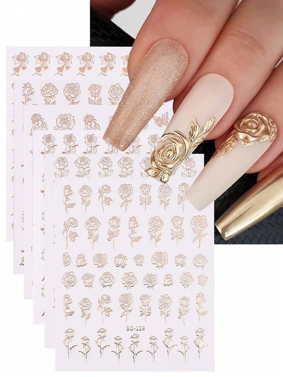 6 Tờ Hình Dán Móng Tay 3D Hoa Hồng Lãng Mạn, Hoa Valentine, Thỏ, Hiệu Ứng Sơn Kim Loại, Hình Dán Tự Làm, Trang Trí Móng Tay, Dụng Cụ Làm Móng, Hình Dán Móng Tay - Hoa hồng vàng - Xem 1
