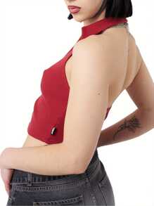 Tops sin mangas de mujer con cuello de solapa, tops cortos con botones de unicolor - Rojo - Ver 6