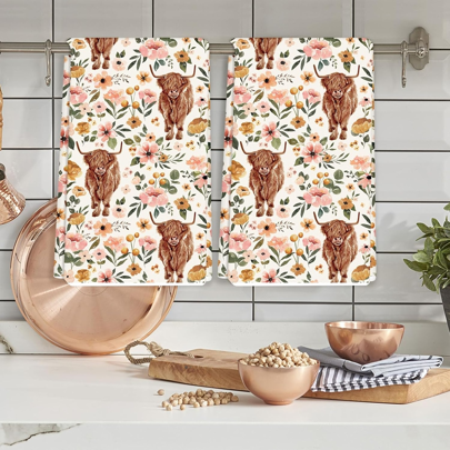 2/4pcs Boho Floral Highland Cow And Flowers Kitchen Dish Towel 18 X 28 Inch Watercolor Farmhouse Dishcloth Cute Cow Decorative Hand Drying Tea Towel For Kitchen Home Cooking Baking Cleaning,Dining Room And Kitchen Decor ,Room Decor,Room Decoration ,Dining Room And Kitchen Decoration