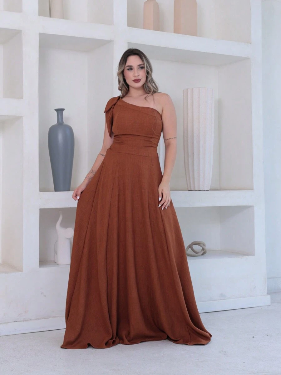 Victoria Long Luxury Dress Plain Duna Linen With Bow One Shoulder - 摩卡棕 - 查看 1