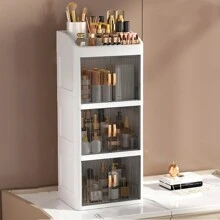 1pc Vanity Makeup Storage Box, Foldable & Sliding Door Design, Clear Cover Cosmetic Display Cabinet, Large Capacity Skincare & Cosmetics Organizer, Ideal Gift For Women, Fits Bedroom & Bathroom Vanities To Store Lipsticks, Brushes, Nail Polish,For Holiday Beach, Bathroom Collection, Bedroom Collection, Large Capacity