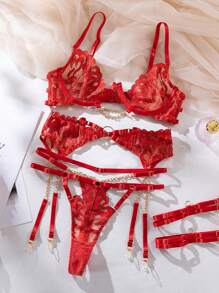 (Random Floral Pattern) Flame Embroidery Sexy Chain Bralette Hollow Strap Bridal Lingerie Set, 4 Pieces For Going Out