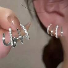 一对璀璨夺目的四爪耳环，时尚镶钻弧形耳环，简约小众设计，情人节配饰 - 金色 - 查看 3