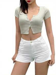 Women Stretchy Knitted Crop Top, Button Tight Rib-Knitted Short Sleeve Cropped Short Top - 淺綠色 - 查看 1