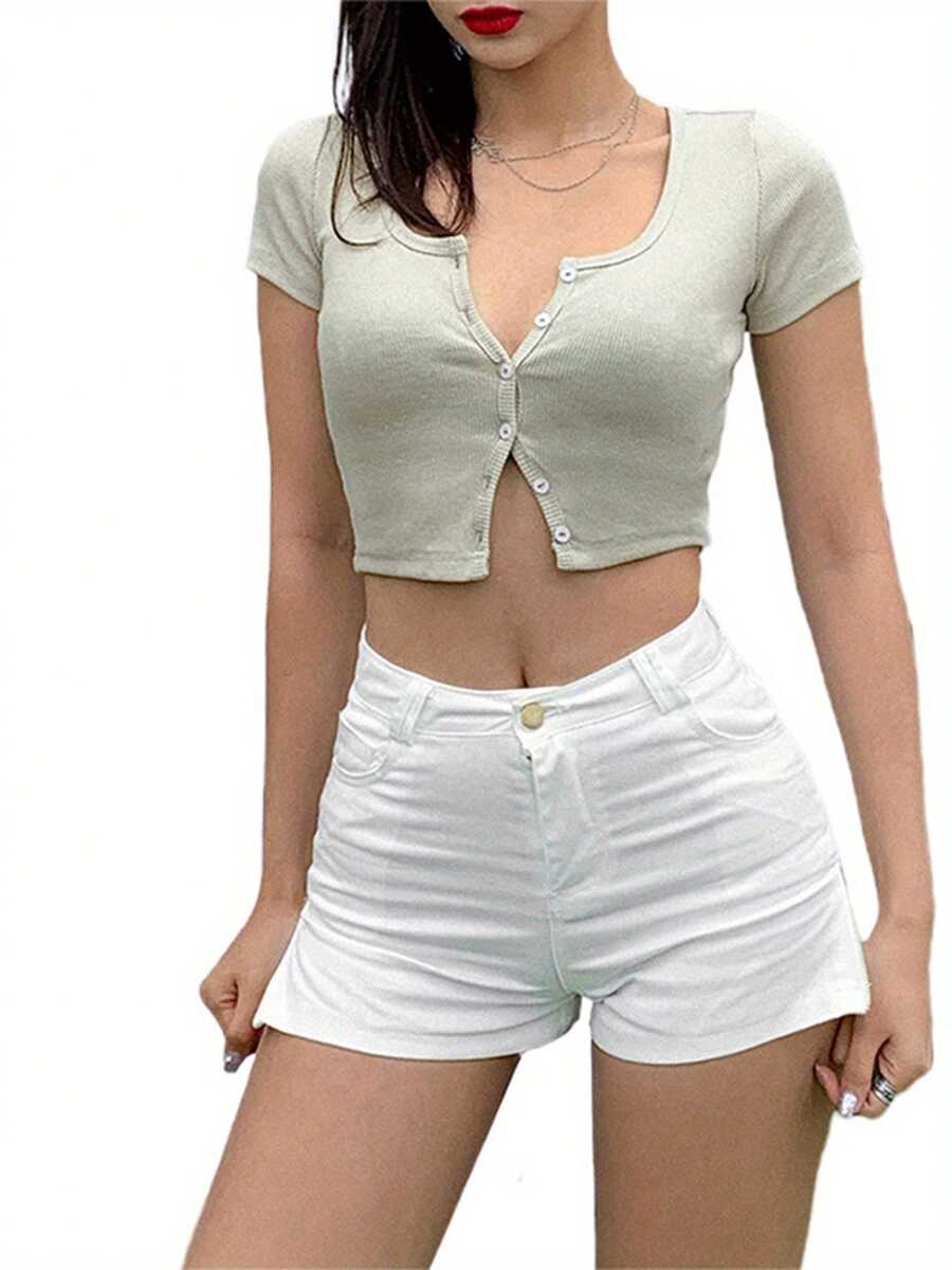 Women Stretchy Knitted Crop Top, Button Tight Rib-Knitted Short Sleeve Cropped Short Top - 淺綠色 - 查看 1