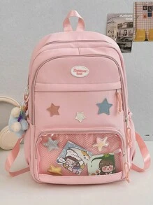 حقيبة ظهر نسائية باللون الوردي، حقيبة ظهر شفافة أنيقة من تصميم اللحف العشوائي، حقيبة نايلون كاجوال سعة كبيرة للسفر، حقيبة أنثوية هاراجوكو (مع خلاصة نجمة خماسية اللون عشوائي وبطاقة) - متعدد الألوان - مشاهدة 19