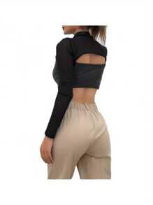 Women Mesh Blouse, Long Sleeve High Neck See Through Blouse For Summer And Spring - 黑色 - 查看 5