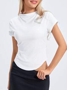 Women Short Sleeve Crop T-Shirts Diamond Hem Summer Solid Color Basic Pullover Tops For Party Streetwear - White - View 3