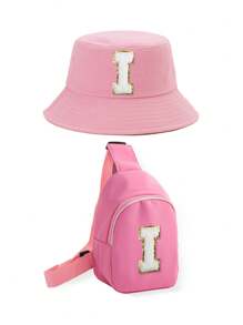 2pcs/Set Kids 26 Letters Bucket Hat And Bag Set, Suitable For Boys And Girls Casual Outings In Spring & Autumn - Pink - View 8