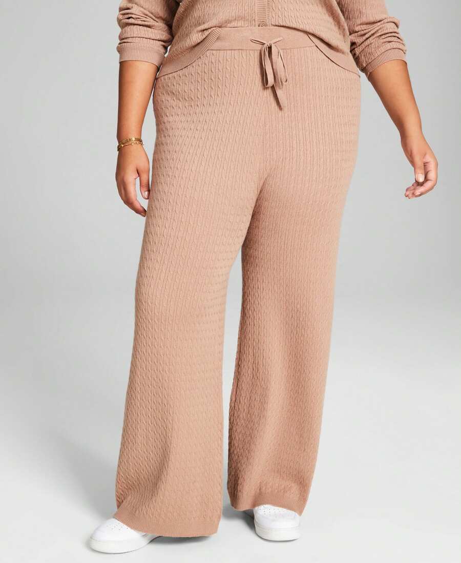 Plus Size Pull-On Sweater Pants - Brown - View 1