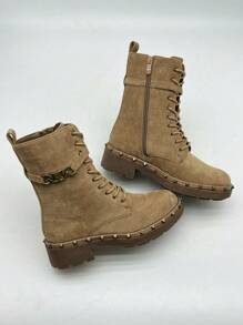 SERGIO TODZI 时尚复古铆钉装饰粗跟踝靴 - 卡其色 - 查看 2