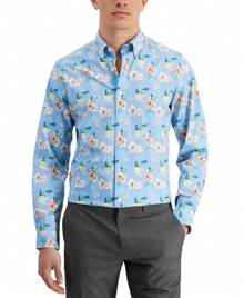 Club Room Mens Slim Fit 4 Way Stretch Tropical Dress Shirt - 藍色 - 查看 2