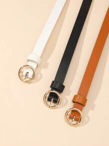 4pcs Women's Round Buckle Solid Color PU Leather Thin Waist Belt, Suitable For Pants, Jeans, Dresses, Coats, Daily Decor