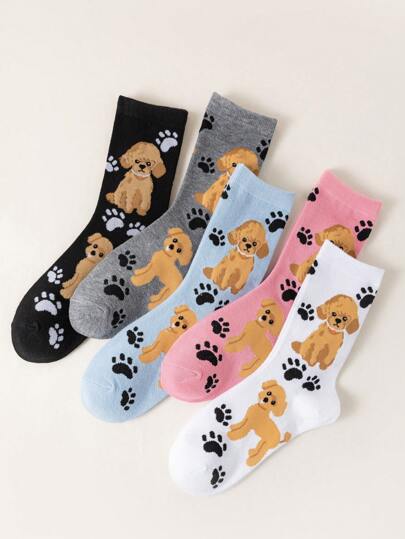 5 Pairs Women Cute Cartoon Poodle And Cat Paw Pattern Mid-Calf Socks, Mixed Colors, Comfortable Soft Breathable Suitable For Daily, Sports, Walking, Outdoor, Street, Couples, Casual, All Seasons, Spring/Summer/Autumn/Winter, Fall