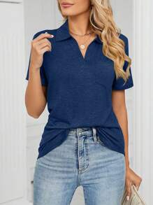 Summer Navy Blue Solid Polo Neck Short Sleeve Shirts For Women, V-Neck Curved Hem Casual Blouse With Chest Pocket - 藏蓝色 - 查看 3
