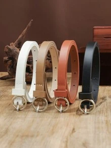 4pcs Women's Round Buckle Solid Color PU Leather Thin Waist Belt, Suitable For Pants, Jeans, Dresses, Coats, Daily Decor