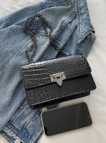 复古时尚印花迷你方形包五金锁扣翻盖开口金属链条简约单肩包适合女性日常使用