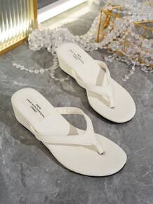 Women's Wedge Flip Flops, Thick-Soled, Fashion New Style Spring/Summer Open Toe Chunky Heel Sandals, Beach Vacation Style, Suitable For Bohemian Dresses, Retro Beach Beige Sandals