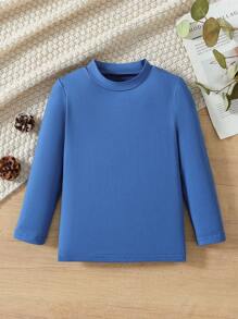 Capa base de cuello redondo de unicolor y cálida para niño pequeño, camiseta de manga larga versátil y esencial, uso diario para niños - Neblina azul - Ver 1