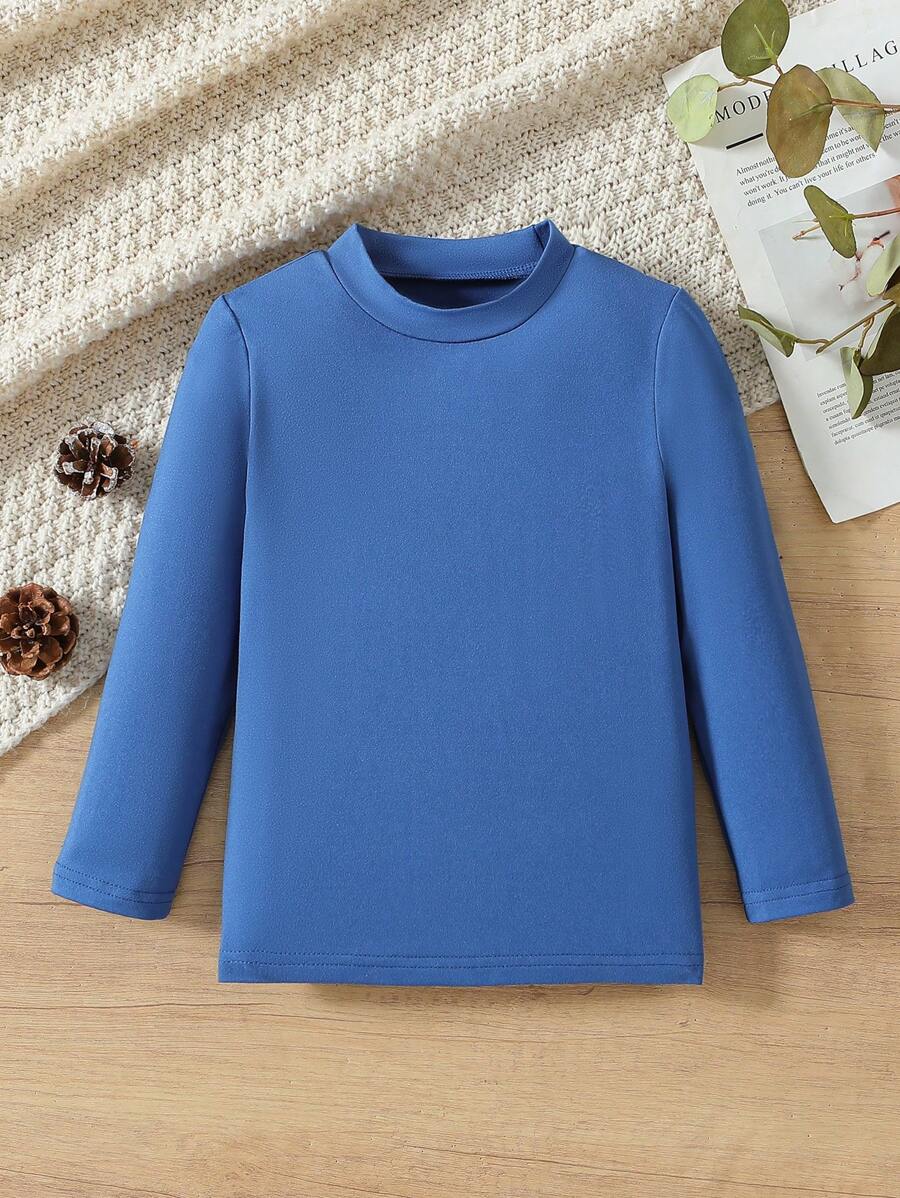 Capa base de cuello redondo de unicolor y cálida para niño pequeño, camiseta de manga larga versátil y esencial, uso diario para niños - Neblina azul - Ver 1