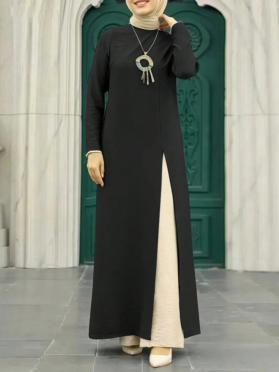 Spring And Summer New Style Muslim Women's Ice Silk Pleated Long-Sleeved High Slit Hem Dress Fashionable Solid Color Elegant Intellectual Ladies Robe