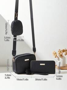 3pcs/Set Women's Fashion One Shoulder/Crossbody Bag, Quilted Package, Long Wallet, Small Square Wallet & Coin Purse Combo - Black - View 3