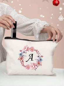 1pc Fashionable And Simple Printed Patchwork Cosmetic Bag, White Small Bag, Peony Wreath Black Letters A-Z, Cosmetic Bag, Portable Toiletry Bag, Birthday Gift, Reusable Cosmetic Bag, Simple Large-Capacity Travel Cosmetic Bag, Headphones, Accessories Storage, Coin Purse, Multi-Functional Portable Gift, Portable Leisure Storage Bag, - Letter Toiletry Bag - View 9