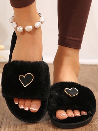 Women's New Heart Pattern Home Slippers, Casual, Fashionable, Soft, Open Toe, Low Heel, Flat, Indoor House Slippers, Spring/Autumn