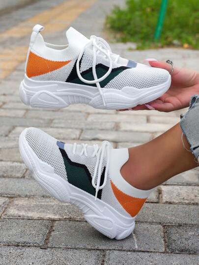 New Women White British Style Lace-Up Fabric Athletic Shoes, Round Toe Low-Top Thick Sole Slip-On Sneakers, Fashionable Breathable Anti-Slip Chunky Sneakers For Students