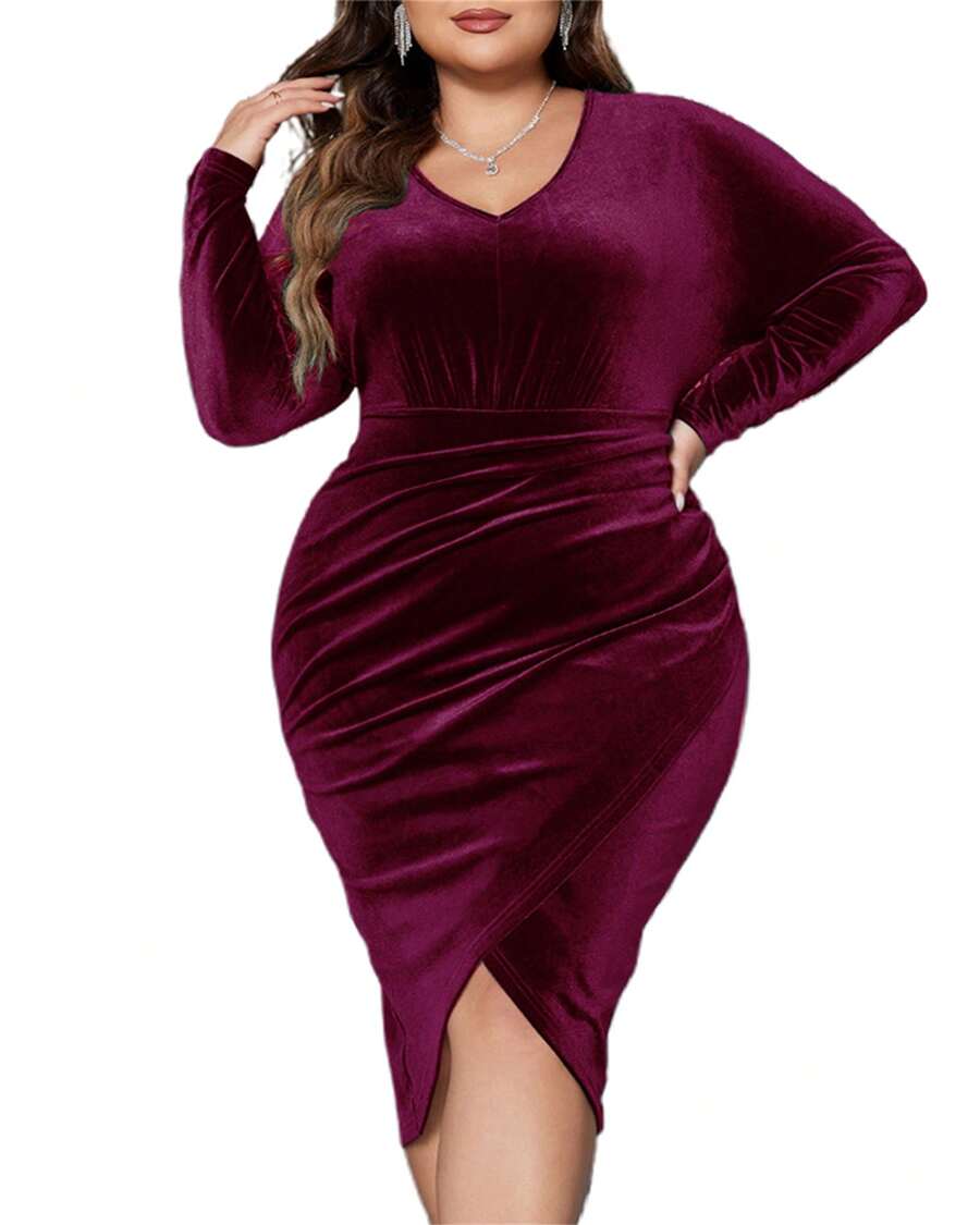 Women's Plus Size Velvet Dress Solid Color Long Sleeve V-Neck Bodycon Dress Formal Prom Gowns - Red - View 1