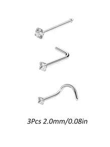 3Pcs 20G 316L Stainless Steel Zirconia Nose Piercing Stud For Women Men, L Shape Nose Ring Nose Screw Nose Piercing Jewelry