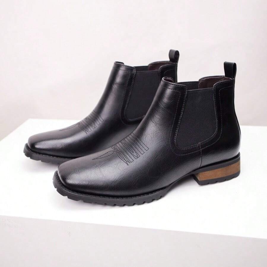 JASONSTAR Western Cowboy Boots For Men - Mens Square Toe Chelsea Boots Ankle Cowboy Boots For Men Casual Retro Stylish Boots Classic Retro Embroidered Short Boots - 黑色 - 查看 1