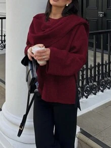 女士围巾风格时尚休闲不对称超宽松针织夹克毛衣开衫外套上衣 - 中紫紅色 - 查看 1