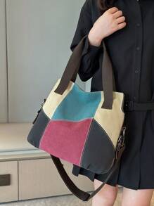 1 Piece Color Block Stitching High Quality Canvas Shoulder Bag Casual Retro Hobo Bag Detachable Shoulder Strap Crossbody Bag Perfect For Women Teacher's Day Gift, Best Teacher Appreciation Gift - Red - View 7