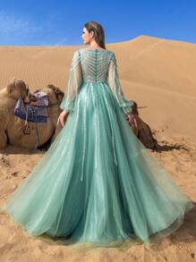 Luxury Neck Lantern Sleeve Tulle Formal Prom Evening Gown, Wedding Guest Dress, Party Dress