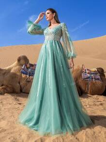 Luxury Neck Lantern Sleeve Tulle Formal Prom Evening Gown, Wedding Guest Dress, Party Dress